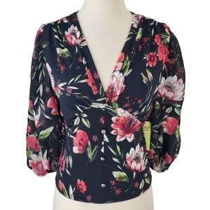 PerSeption V-neck Semi Sheer Sleeve Smocked Back Floral Top Black Pink Sz S NWT